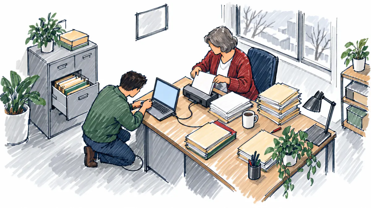 Marker sketch of a consultant connecting a document scanner as an accountant feeds paperwork, with folder stacks in a small office