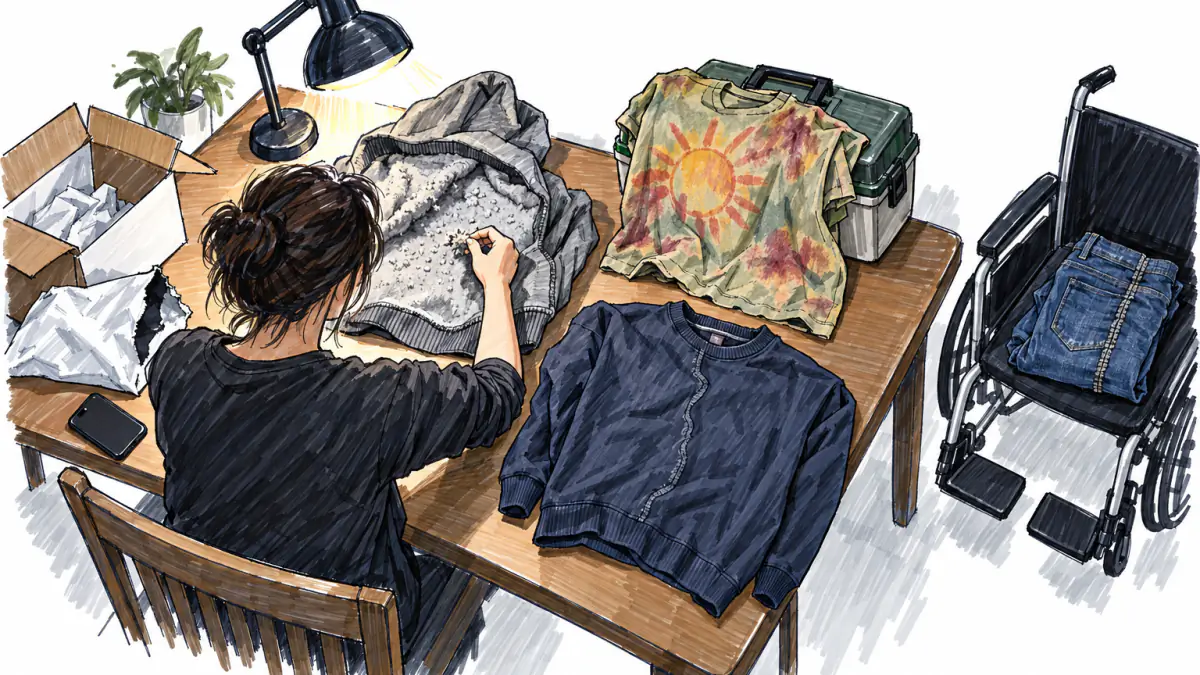 Marker sketch of a pilled hoodie, a crooked sweatshirt and a faded sun shirt on a table, with stiff jeans on an empty wheelchair