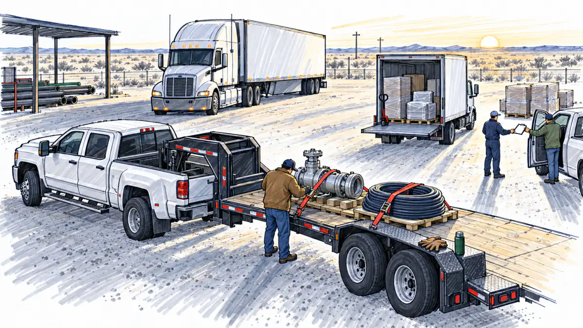 Marker sketch of a driver strapping steel equipment onto a gooseneck flatbed at dawn, with a semi and a box truck parked in a gravel yard