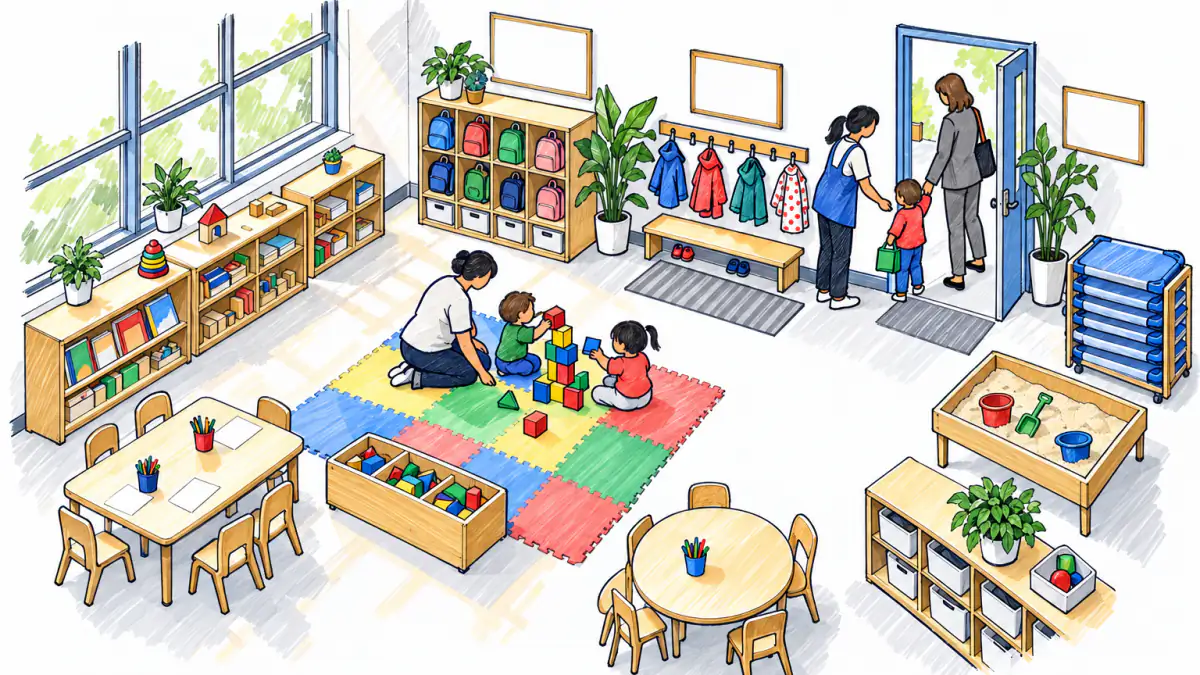 Marker sketch of a sunny day care room where a caregiver plays blocks with toddlers as a parent drops off a child at the door