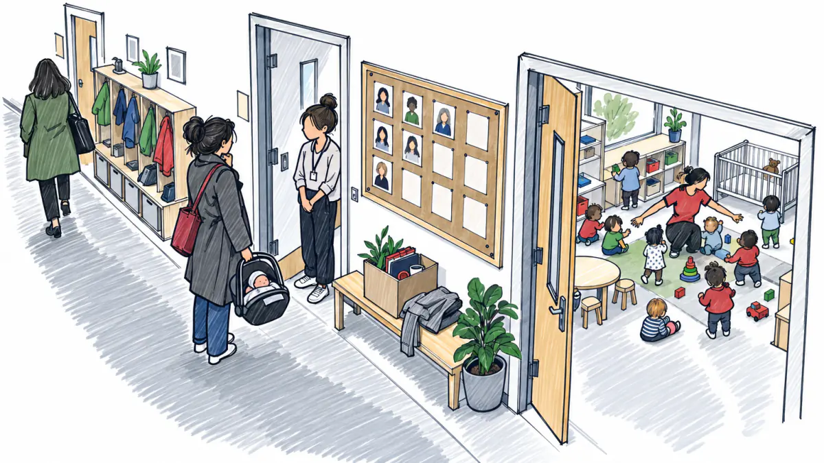 Sketch of a parent holding an infant carrier facing a substitute teacher, while a staff member leaves with a box of belongings