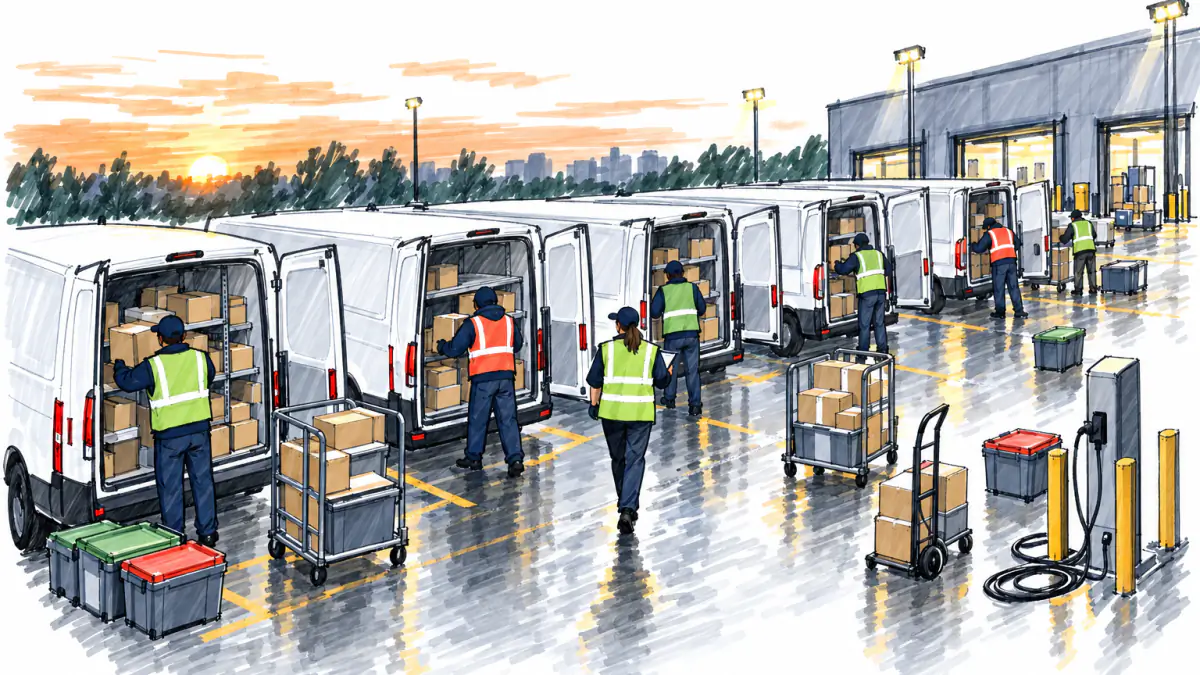 Marker sketch of drivers loading parcels into a row of open cargo vans at dawn while a manager in a vest checks a clipboard