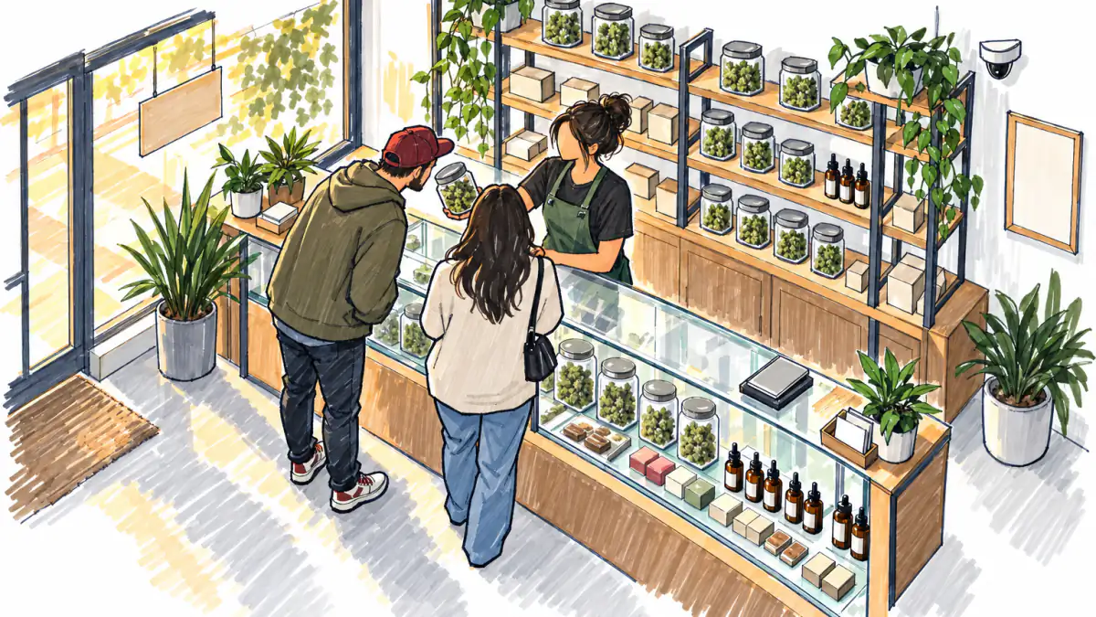 Marker sketch of a budtender behind a glass counter of cannabis jars, showing a jar to two customers in afternoon light