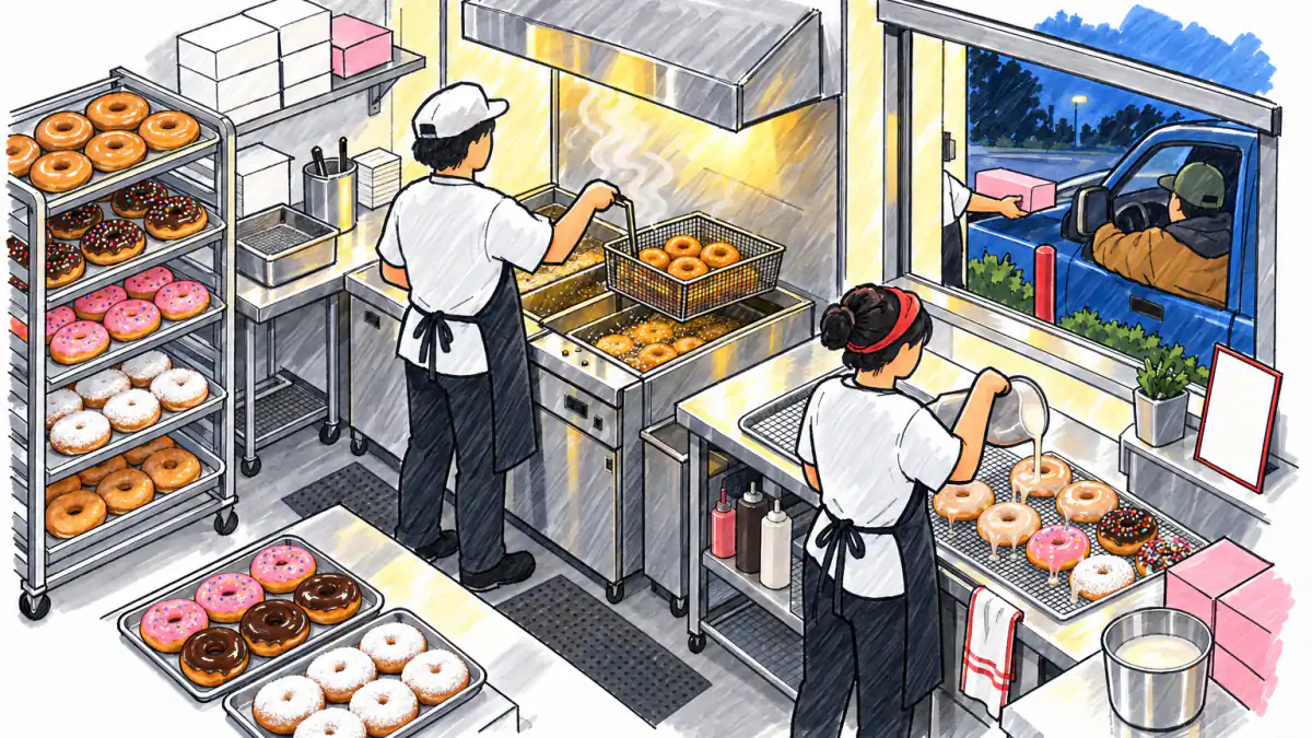 Marker sketch of a baker lifting donuts from a fryer while a coworker glazes a rack and a driver takes a box at a drive-thru window