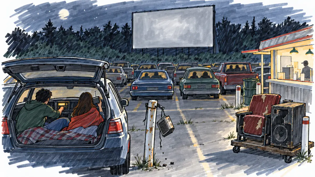Marker sketch of a drive-in at night with a dim screen, a couple straining at a car radio, a broken post speaker and a torn seat