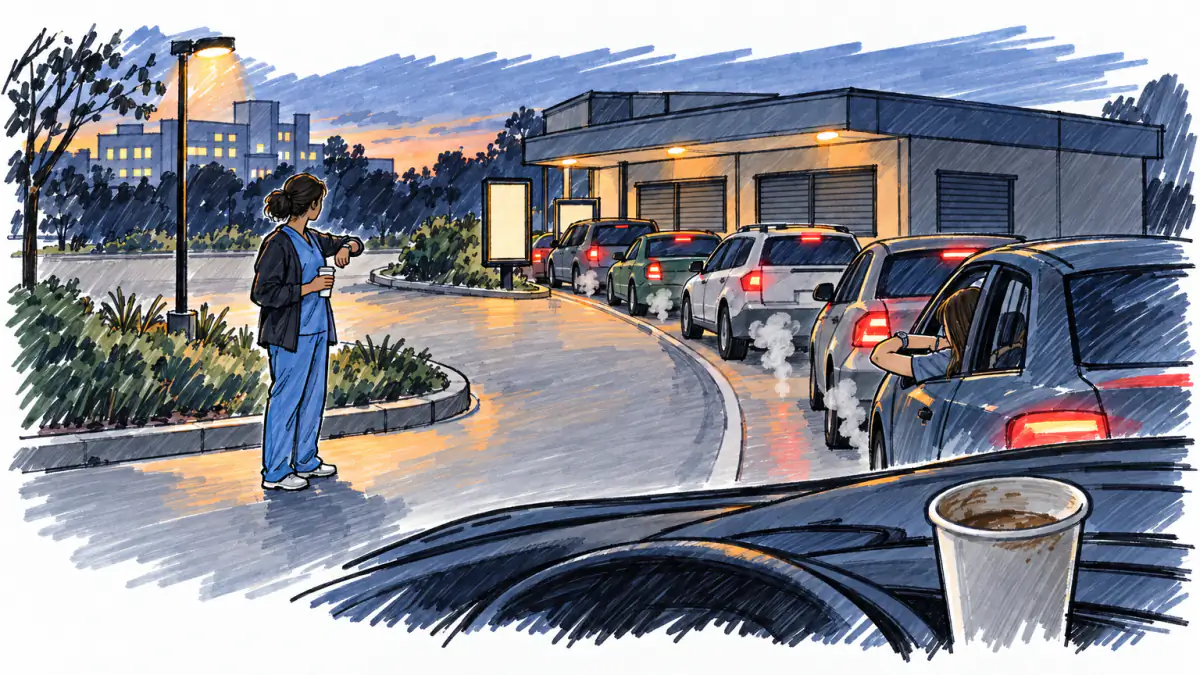 Sketch of cars idling in a slow drive-thru line at dusk, a driver checking her watch, a nurse with a cold cup outside a dark cafeteria