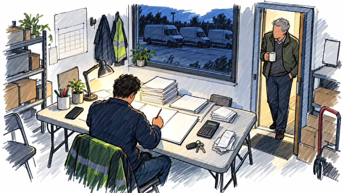 Marker sketch of a business owner at a lamp-lit table with ledgers and a calculator as an older owner leans in the doorway