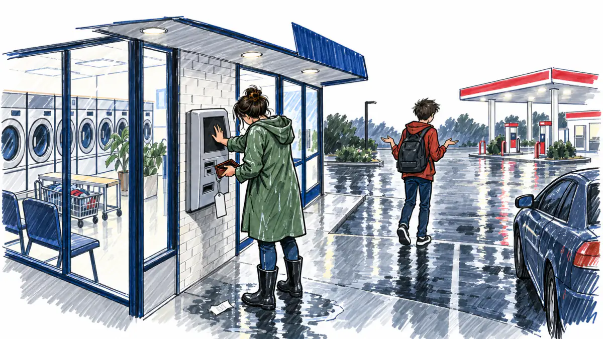 Marker sketch of a woman in a raincoat at a dark wall cash machine, holding an open empty wallet as a boy walks off in the rain