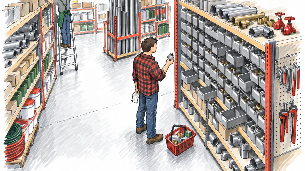 Marker sketch of a shopper holding a pipe fitting before empty drawer bins while a distant clerk on a ladder faces away