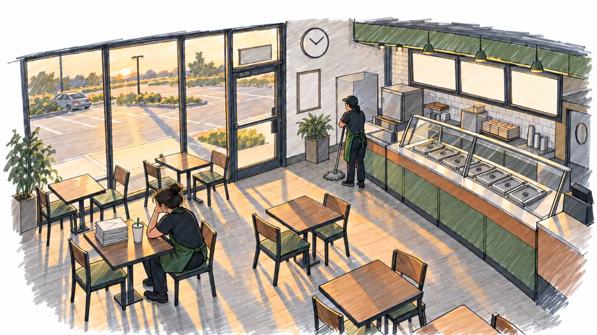 Marker sketch of a quiet sandwich shop in late afternoon, an owner sitting alone with a pile of envelopes while a worker leans on a mop