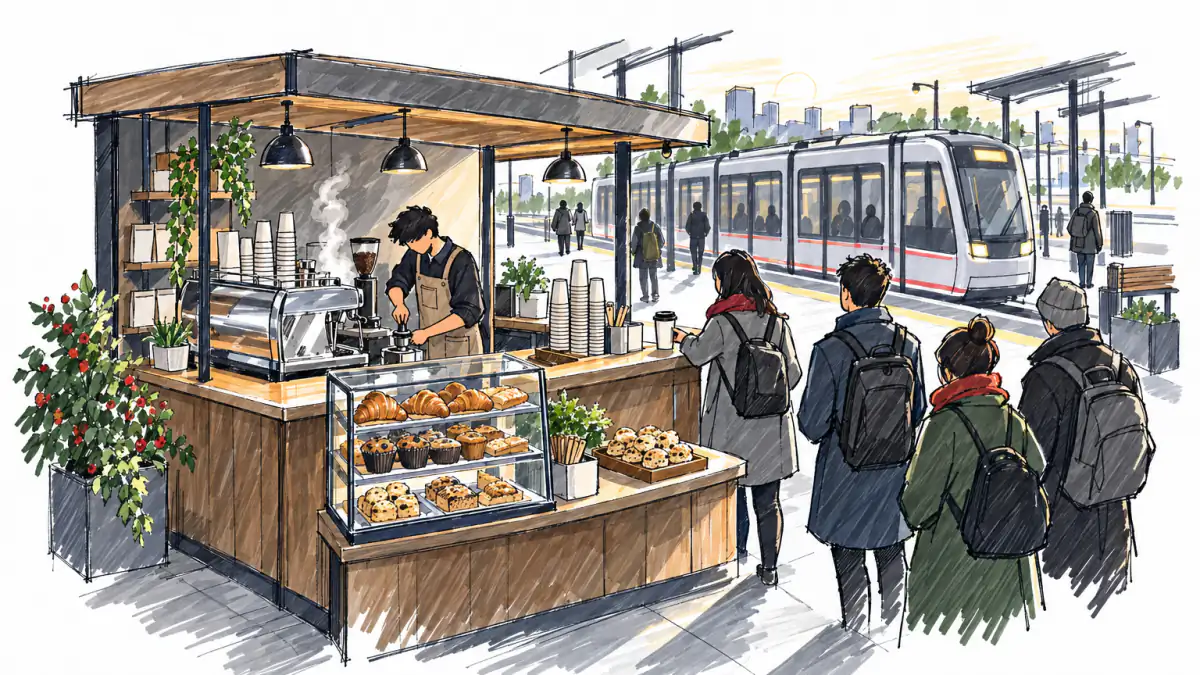 Marker sketch of a barista at an espresso machine serving commuters at a pastry counter as a light-rail train passes outside