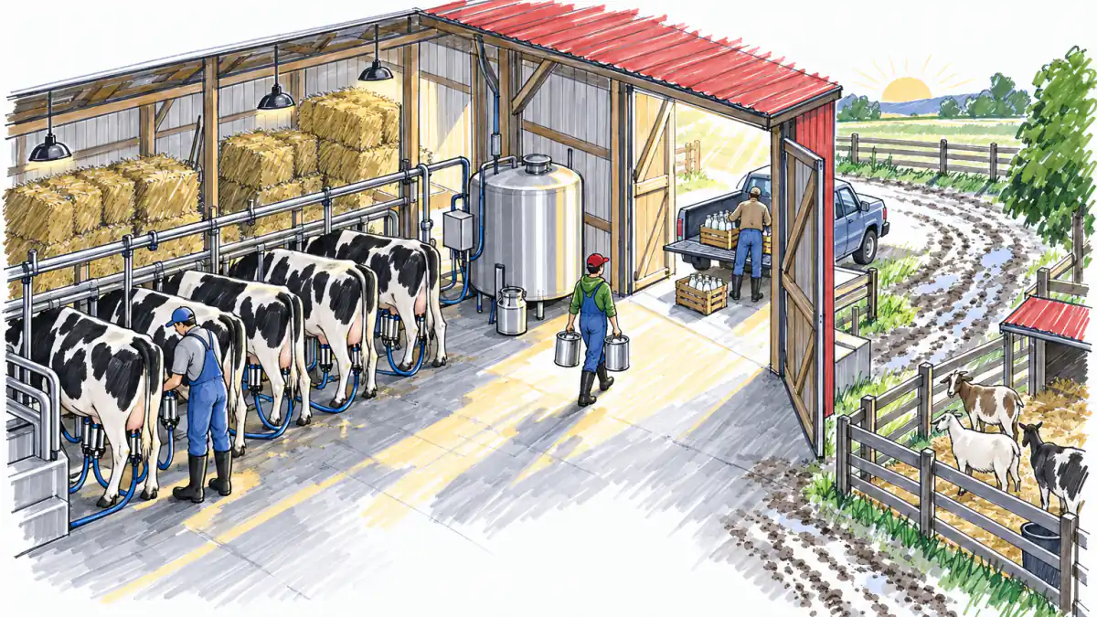 Marker sketch of farmers milking Holstein cows in a barn at sunrise while a customer loads glass milk bottles outside