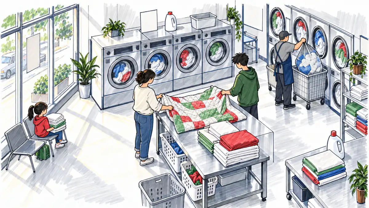 Marker sketch of a sunlit laundromat where a family folds a quilt by large washers while the owner loads towels into a cart