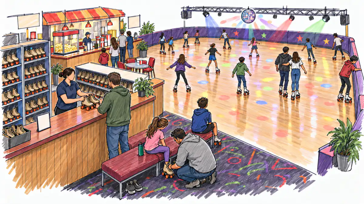 Marker sketch of a roller rink: a clerk hands out rental skates while families and teens circle a wooden floor under colored lights