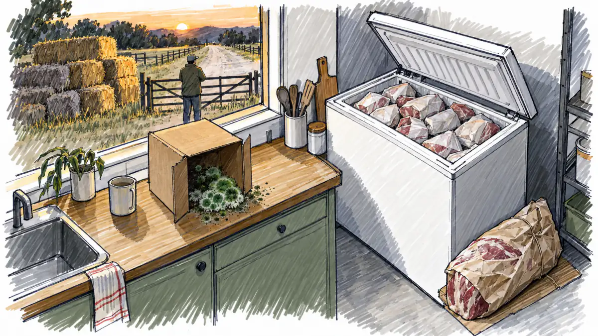 Sketch of a mouldy mushroom kit box, an overfull freezer with a beef parcel on the floor, and a person waiting at an empty gate