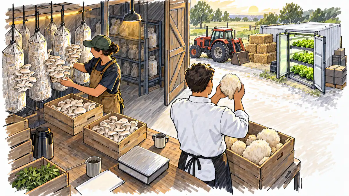 Marker sketch of a farmer packing oyster mushrooms into crates for a chef, with a tractor, hay bales and a lettuce container outside