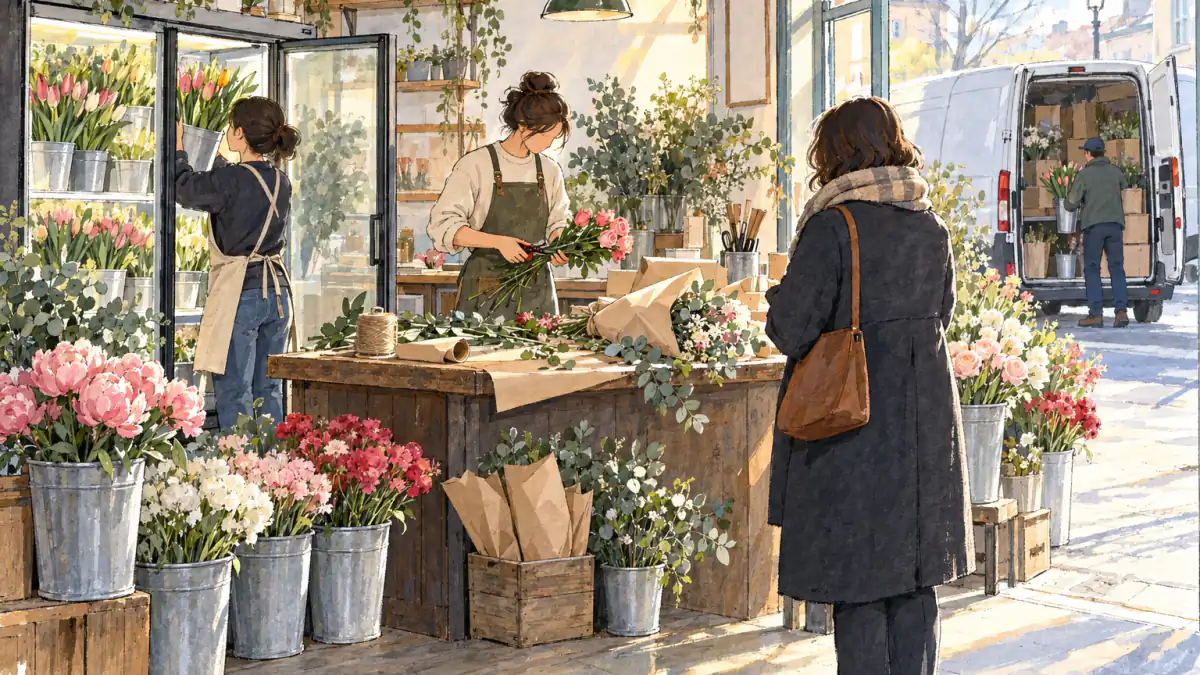 Marker sketch of florists trimming stems and pulling buckets from a cooler as a customer waits by the door of a small flower shop