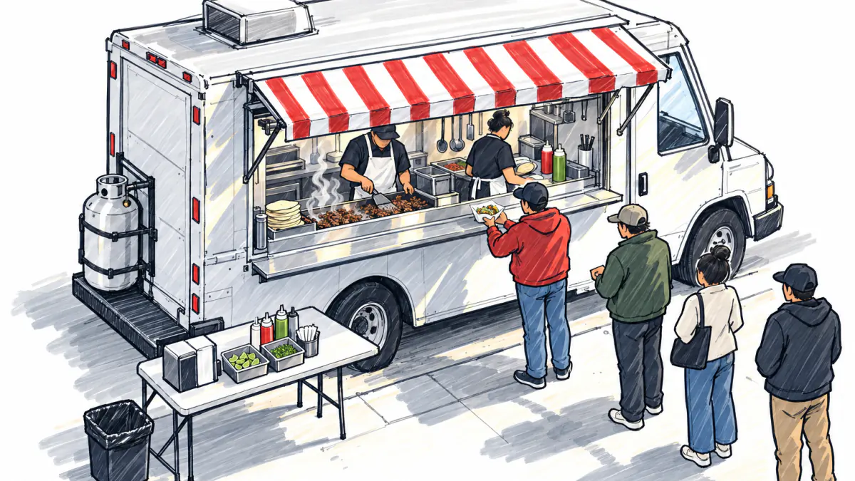Marker sketch of a food truck with cooks at a griddle serving tacos to a short line of customers on a sunny sidewalk