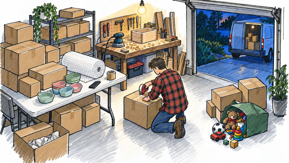 Marker sketch of a person taping a cardboard box in a garage full of parcels, baby bowls, toys and a wooden keepsake box