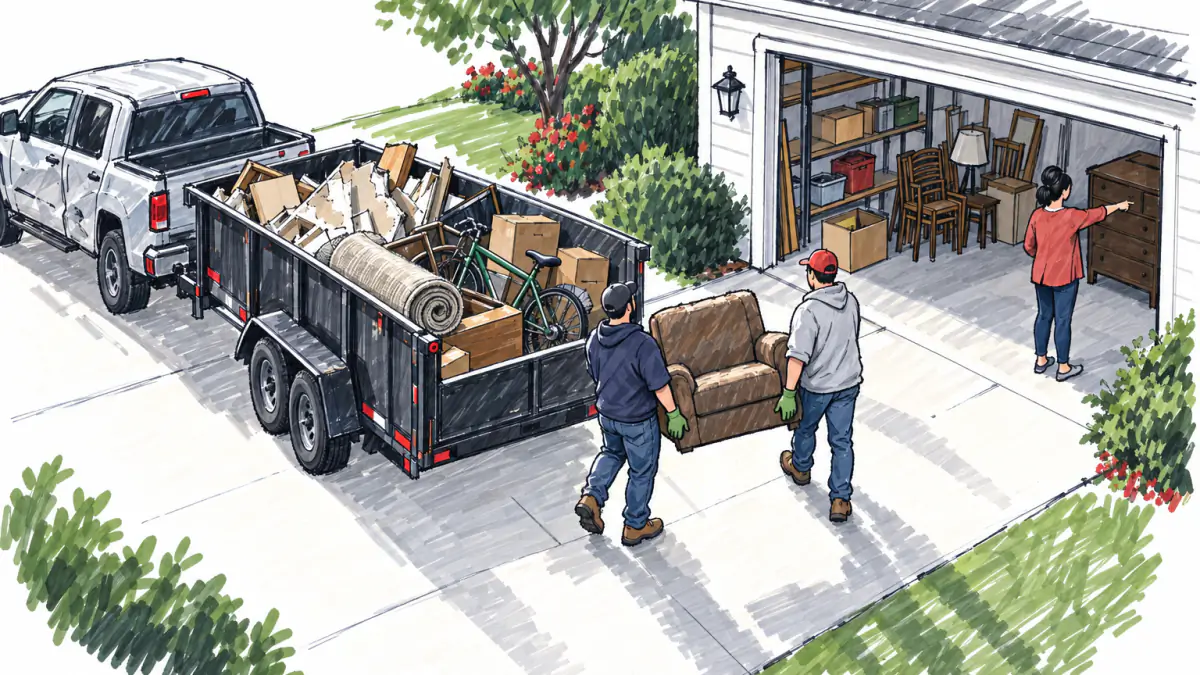 Marker sketch of two workers loading an armchair onto a full dump trailer behind a pickup as a homeowner points into a garage