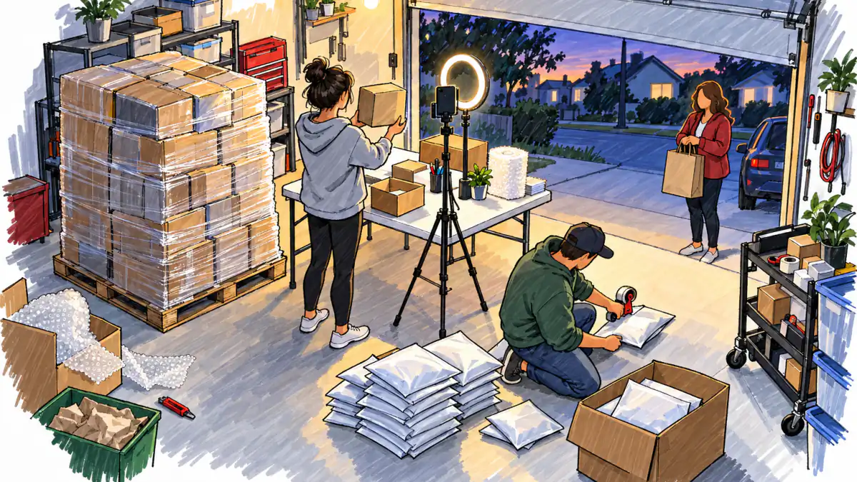Marker sketch of a garage at dusk where a seller shows a box to a phone on a tripod beside a wrapped pallet as a helper packs mailers