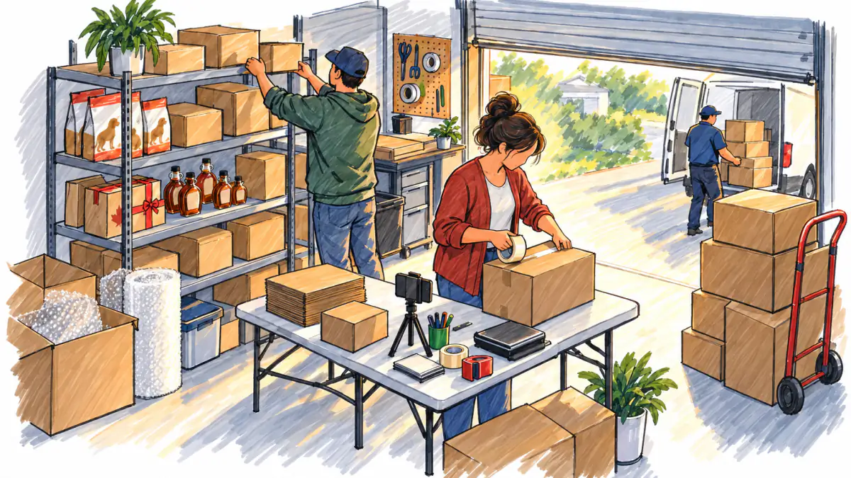 Marker sketch of a couple packing boxes and stacking stock in a garage while a driver collects parcels