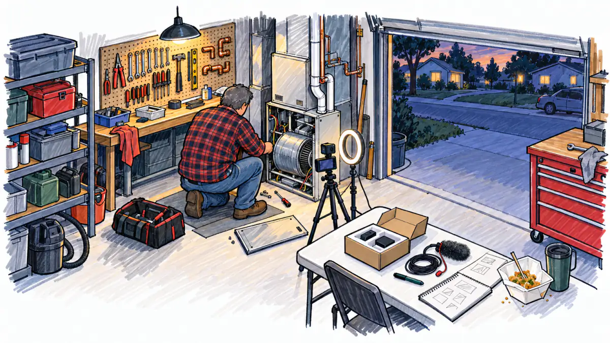 Marker sketch of a man filming a furnace repair in a garage with a tripod camera, ring light, tools and a cluttered folding table