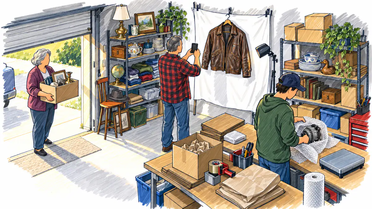 Marker sketch of a garage where a seller photographs a jacket, a helper packs a car part, and a woman drops off a box of keepsakes