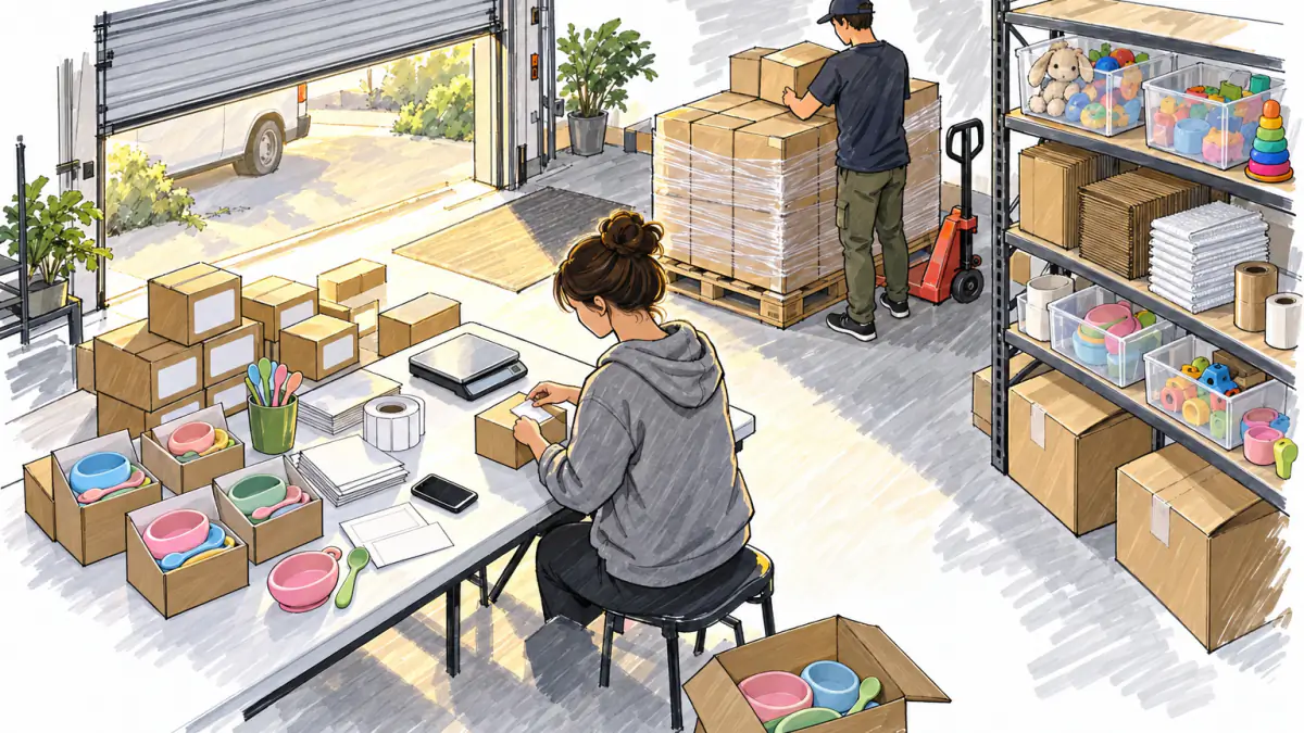 Marker sketch of two people labeling baby feeding sets and stacking cartons on a pallet in a sunlit garage workshop
