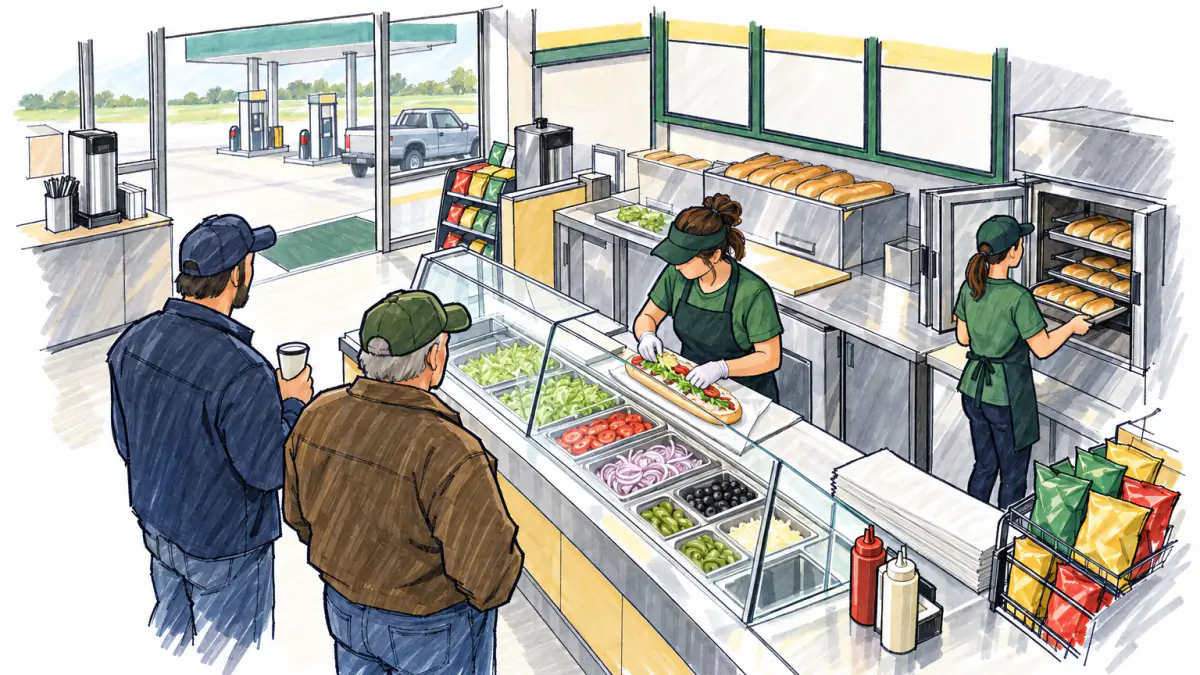 Marker sketch of a sandwich counter in a gas station, a worker building a sub while a farmer and a trucker wait in line