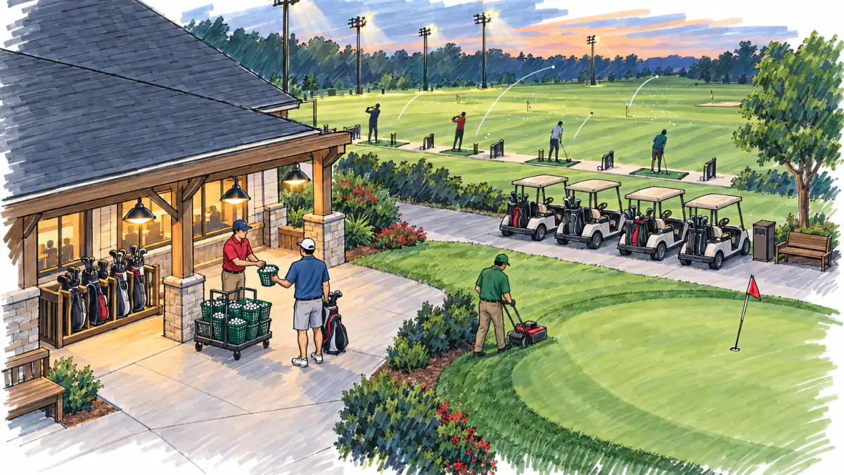 Marker sketch of a golf clubhouse at dusk, staff handing a range ball bucket to a golfer, a mower on the green, a floodlit driving range beyond