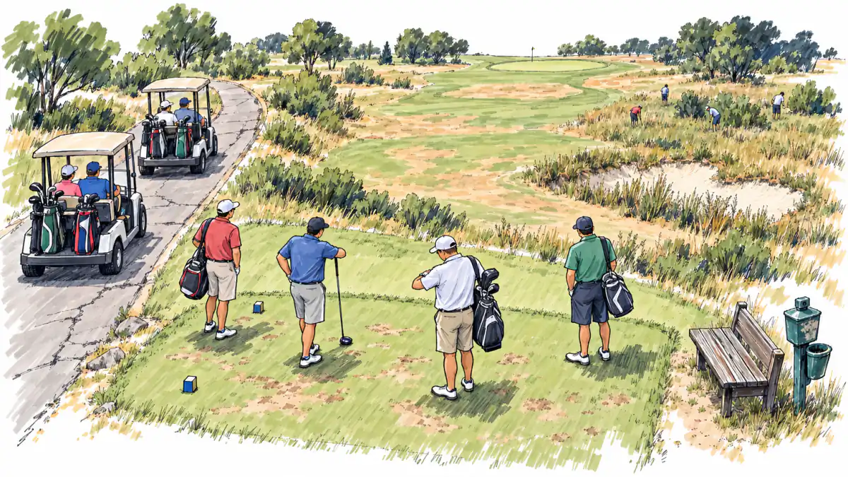 Sketch of golfers waiting in a line of carts at a tee box on a worn course with patchy turf, a cracked path and a slow group ahead