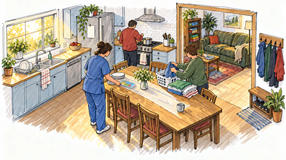 Marker sketch of a caregiver setting a kitchen table while two adult residents fold laundry and cook in a home