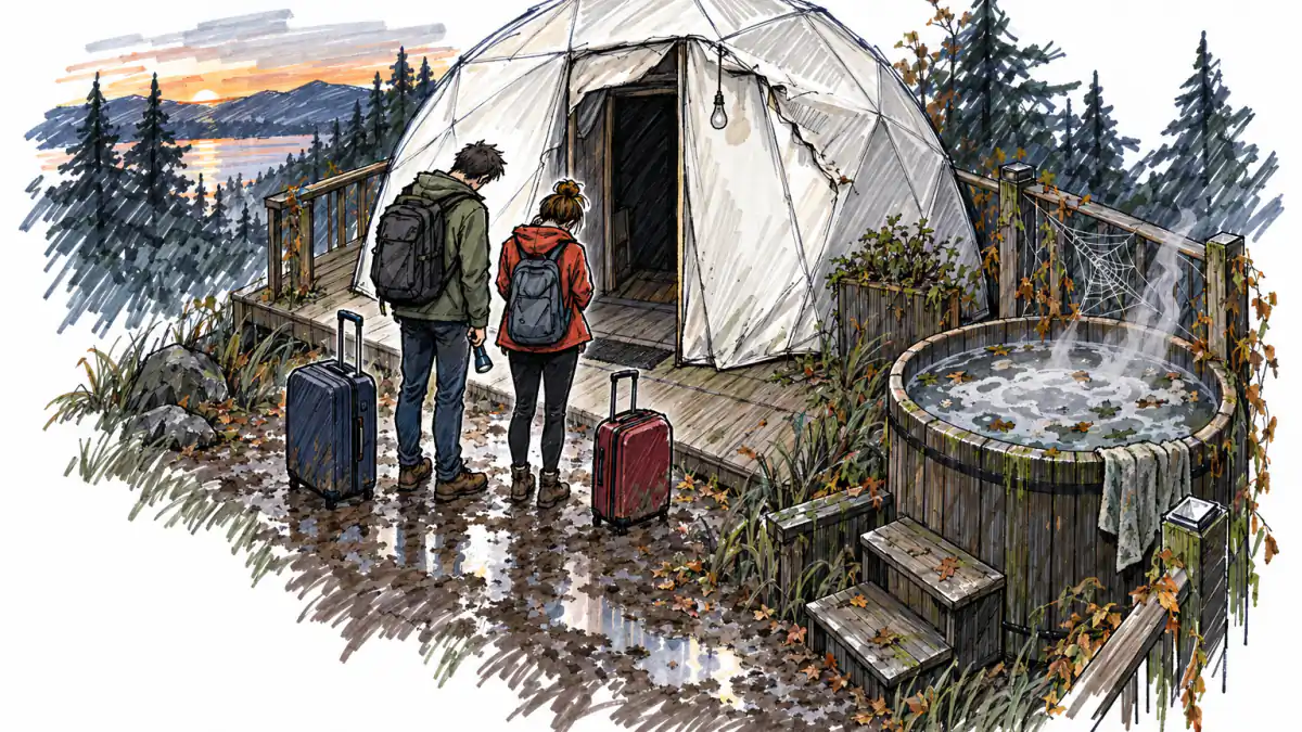 Marker sketch of a tired couple at dusk facing a shabby glamping dome, a foamy hot tub and a spider web on the railing