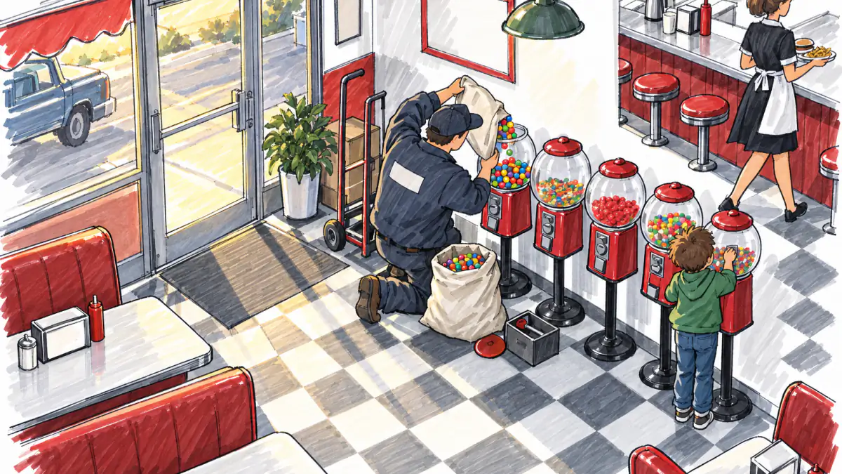 Marker sketch of a man refilling gumball machines at a diner entrance while a child drops a coin into one