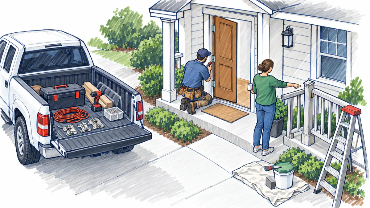 Tailgate Toolbox and a Sagging Front Door, AI illustration Marker sketch of a handyman fixing a door hinge while a homeowner points at a porch railing, a pickup with tools in the driveway