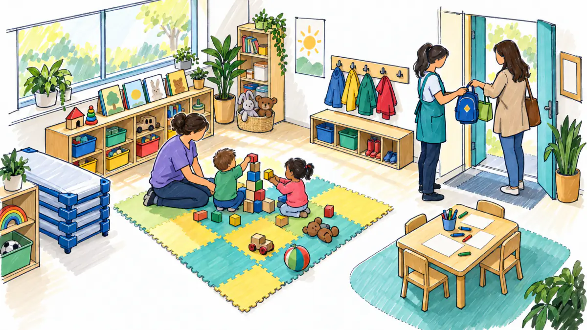 Marker sketch of caregivers with toddlers stacking blocks on a play mat as a parent drops off a child in a sunlit room