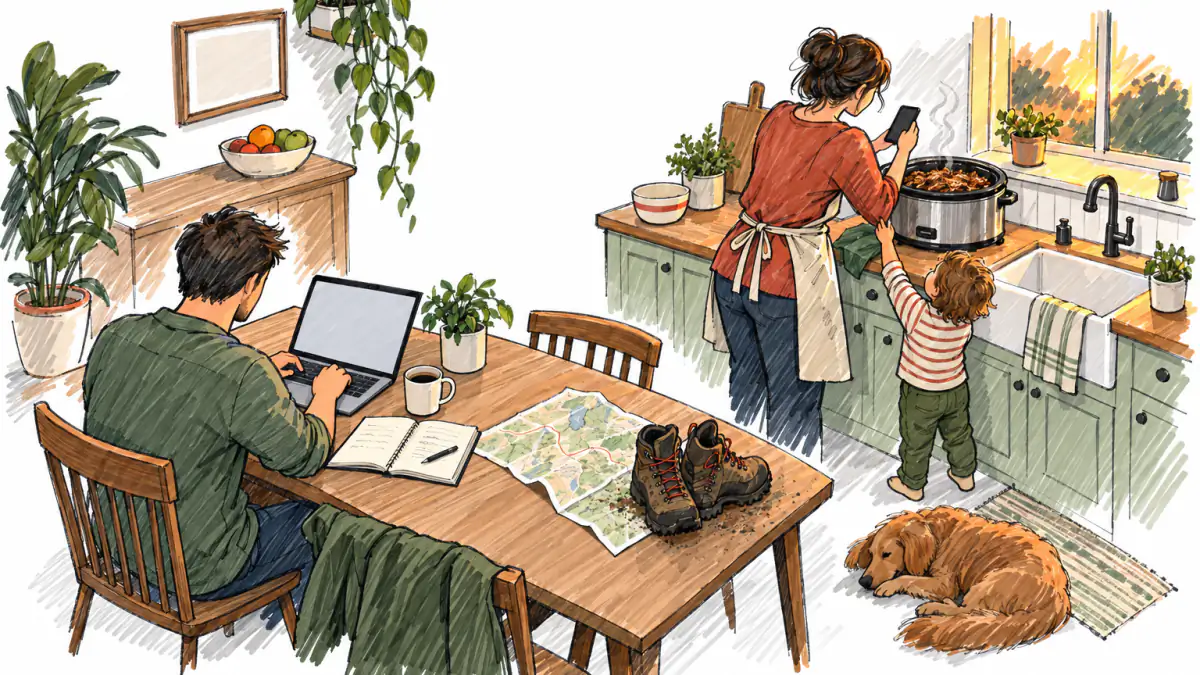 Marker sketch of a woman photographing a slow cooker meal in a home kitchen while a man types at a table with boots and a map