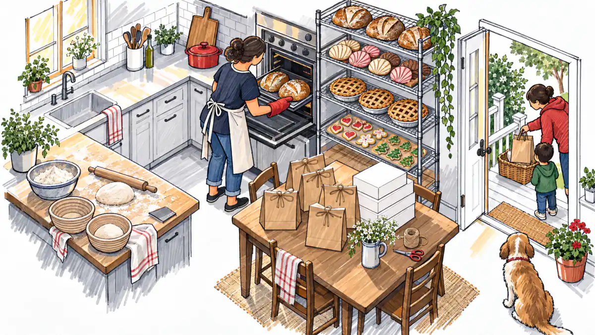 Marker sketch of a baker pulling sourdough loaves from a home oven, pies and cookie tins on racks, a neighbor picking up bread on the porch