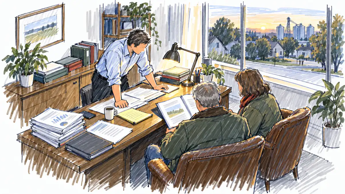 Marker sketch of a fund manager at a paper-strewn desk in a home office, showing a bound document to a couple of investors at dawn