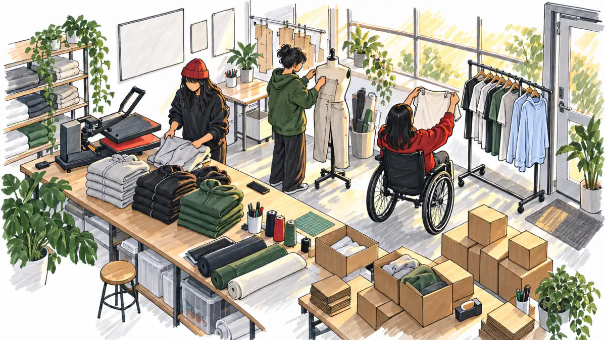 Marker sketch of a home studio where founders fold hoodies and pin patterns while a wheelchair user holds up a shirt