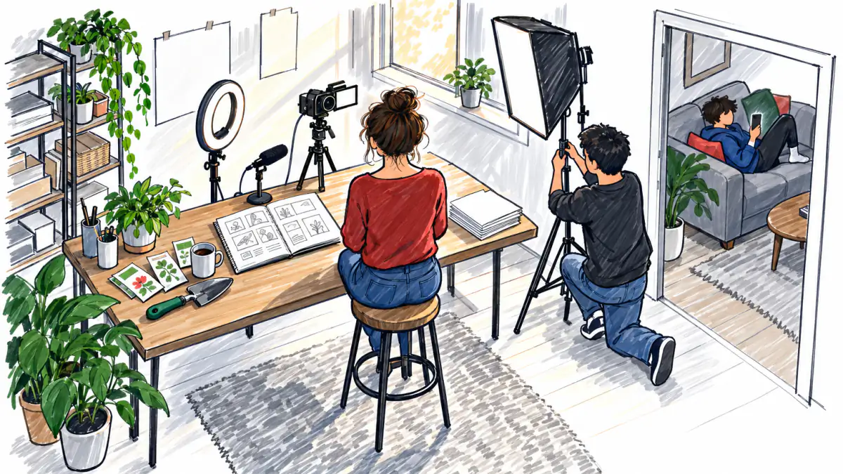 Marker sketch of a home studio where a creator faces a tripod camera and ring light while a helper adjusts a softbox nearby