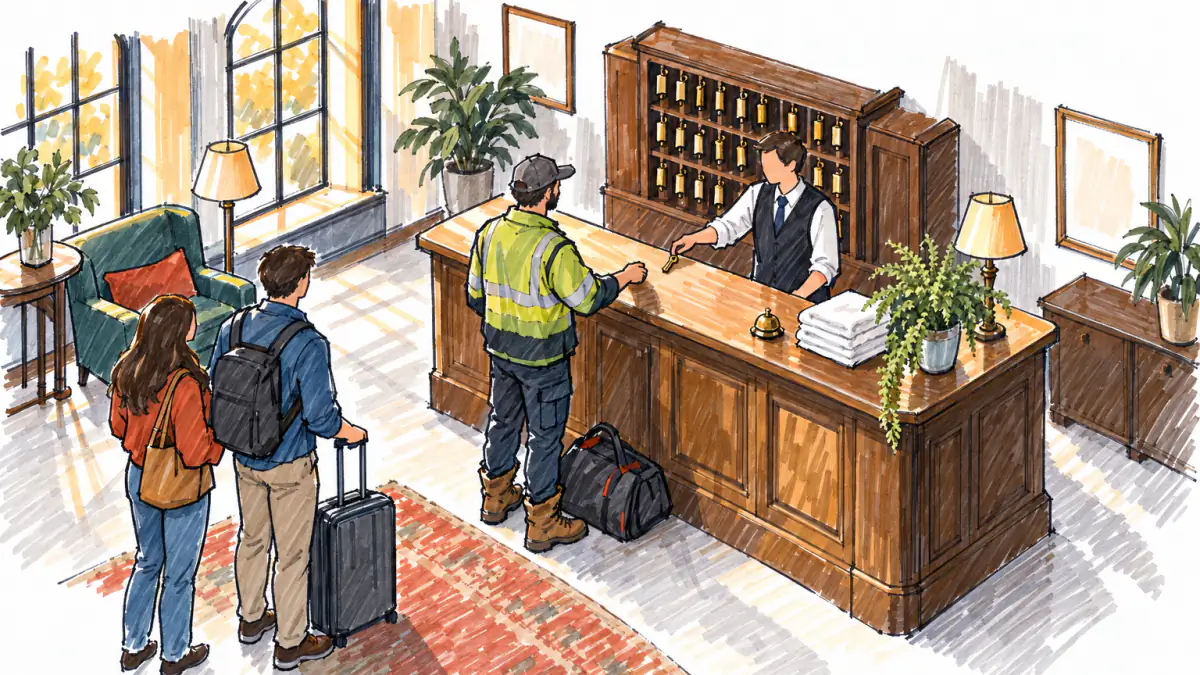 Marker sketch of a hotel clerk handing a room key to a work-booted guest at a wooden desk while a couple waits with luggage