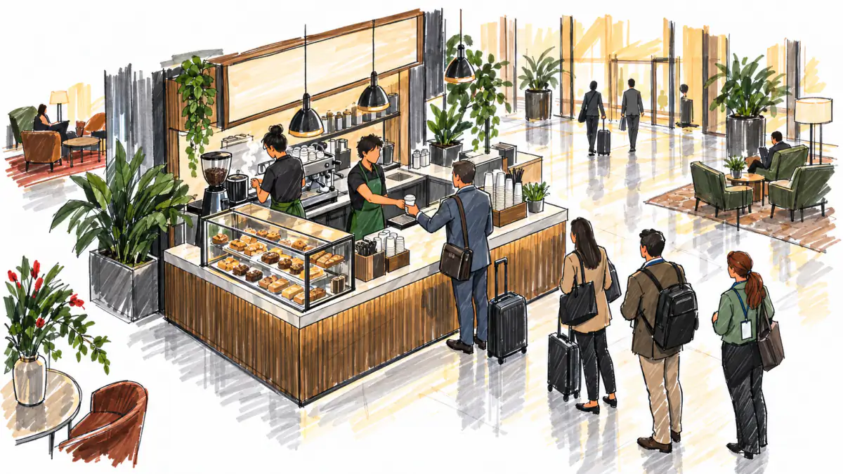 Marker sketch of baristas at a small coffee counter in a hotel lobby serving travelers with suitcases in morning light