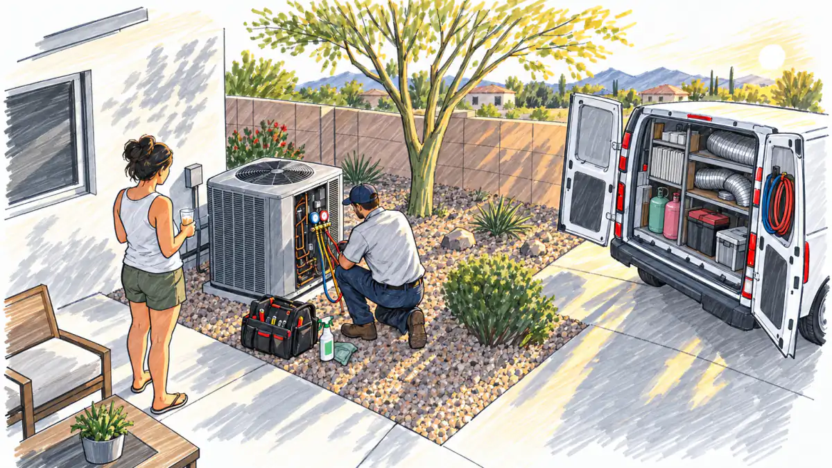 Marker sketch of a technician servicing an outdoor AC condenser in a sunny backyard, a service van open behind him and a homeowner watching