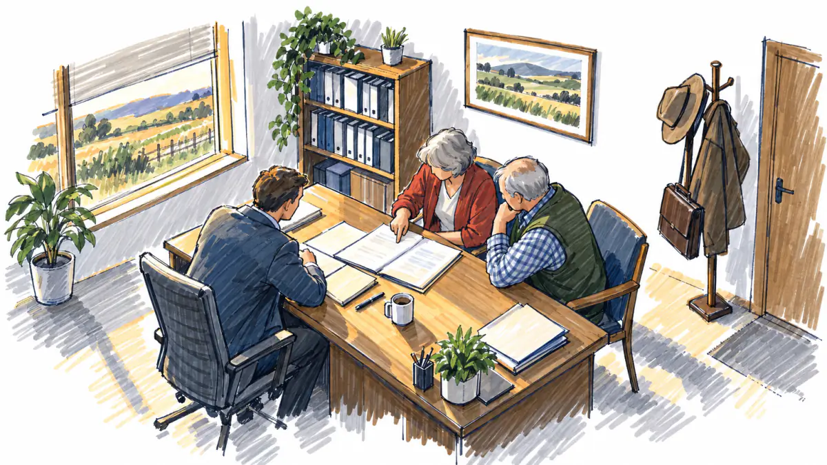 Marker sketch of an adviser at a wooden desk reviewing paper folders with an older couple in a sunlit small office