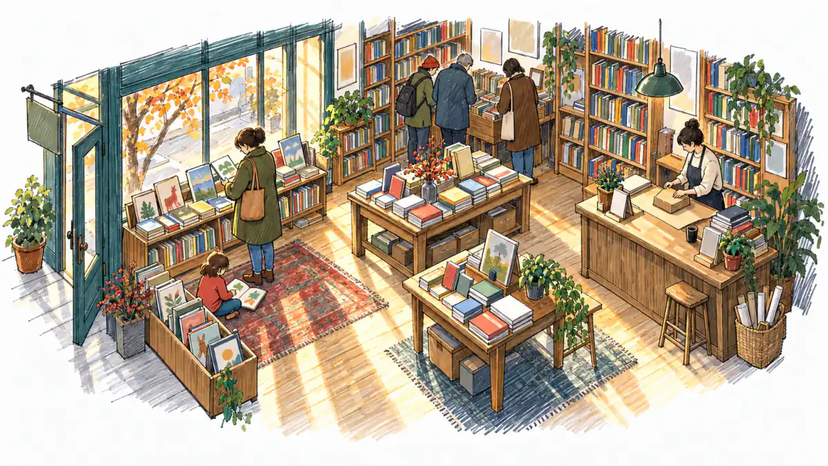Afternoon at a Neighborhood Book Shop, AI illustration Marker sketch of a cozy bookstore where an owner wraps a book while a mother and child browse shelves in warm window light