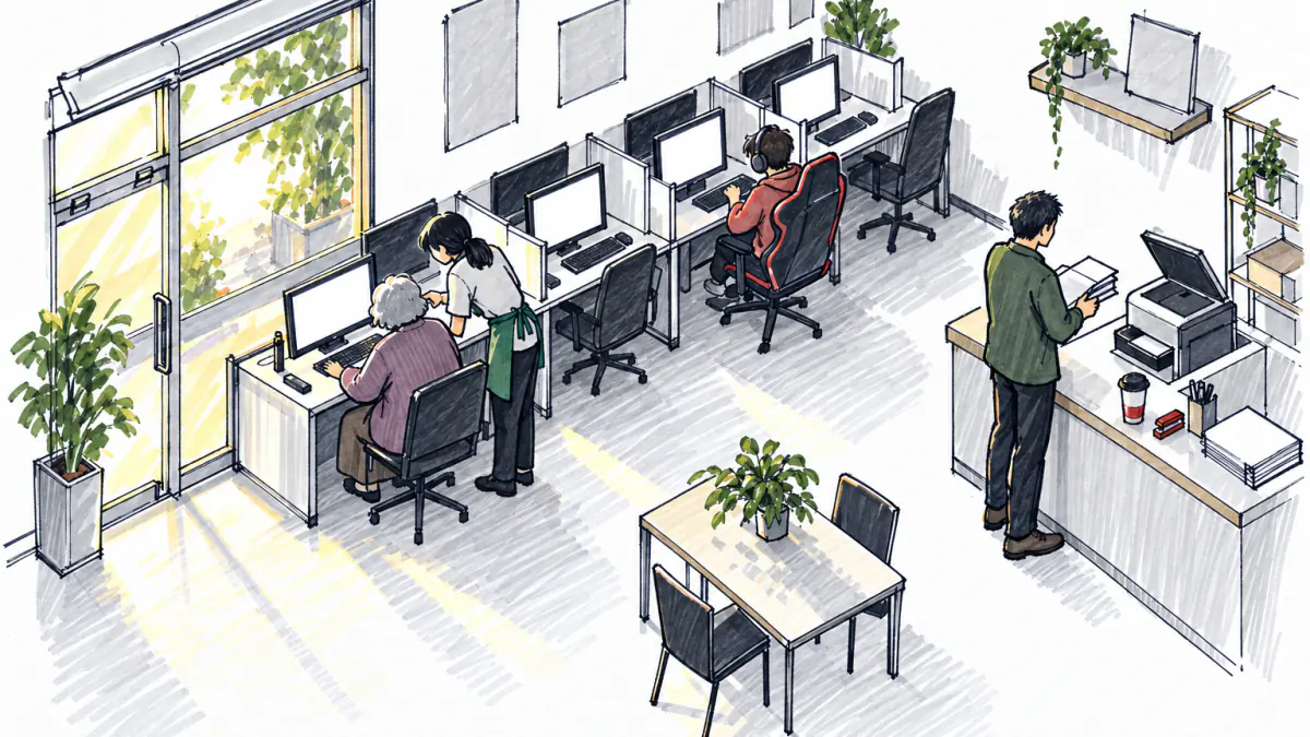 Marker sketch of a cafe with computer desks where an attendant helps an older woman, a student games and a man collects printouts