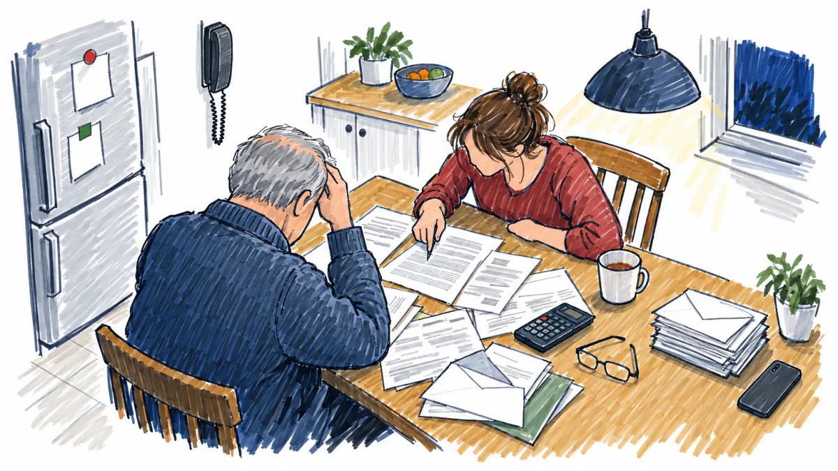 Marker sketch of an older man at a kitchen table with opened statements and a calculator while his daughter points at fine print