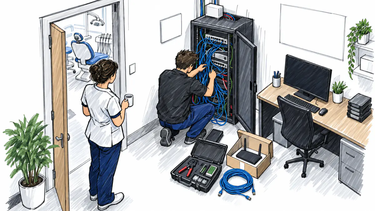 Marker sketch of a technician fixing cables in an office network cabinet while the owner watches from the doorway